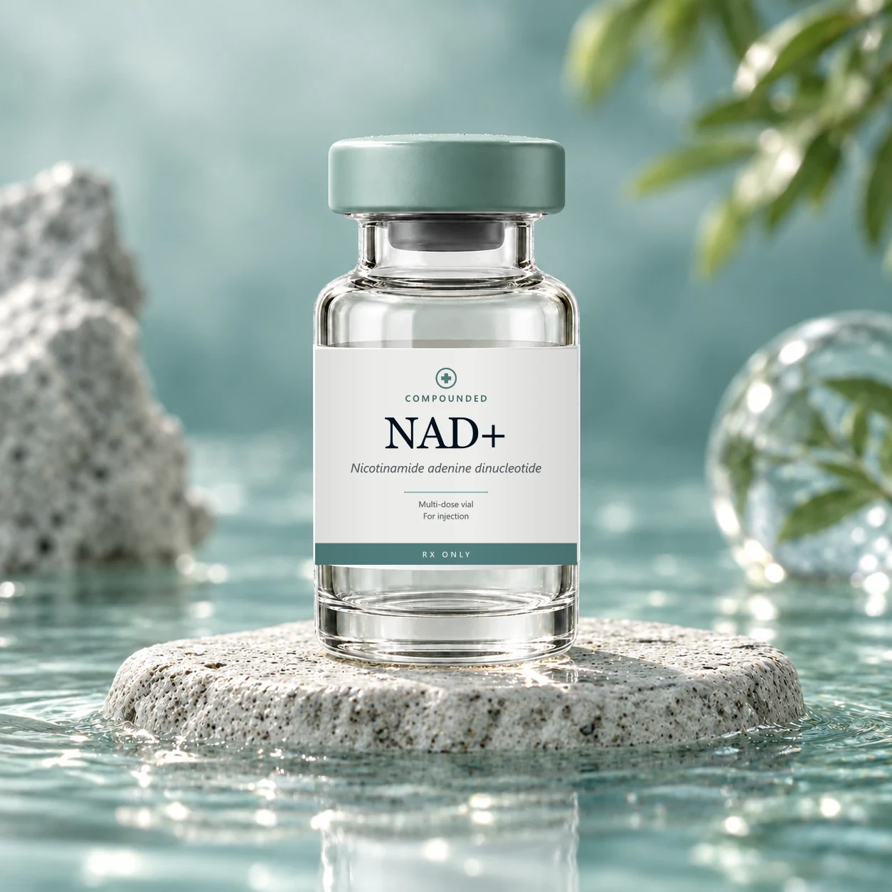 NAD+ vial on a stone pedestal among leaves
